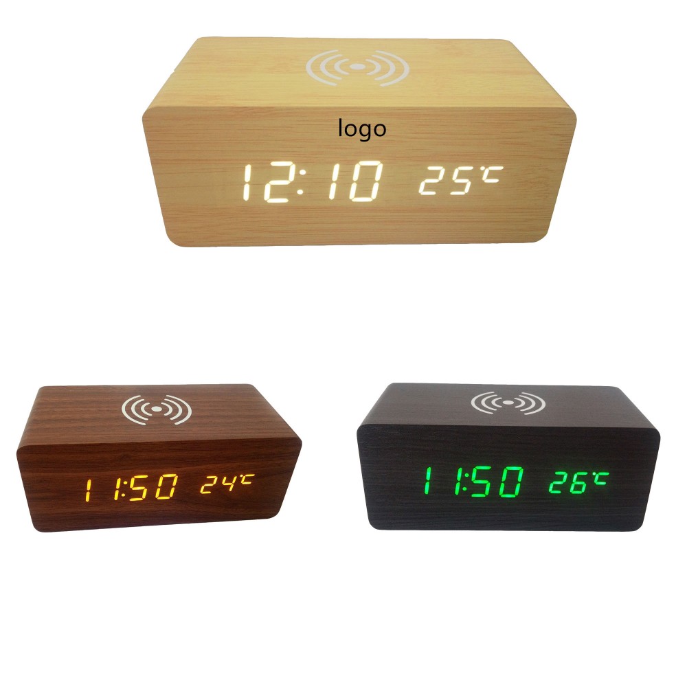 Wireless Charging Wood Brownen Digital Alarm Clock Branded
