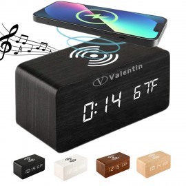 Logo Printed Wooden Wireless Charging Alarm Clock with Wireless Speaker  Logo Printed Wooden Wireless Charging Alarm Clock with Wireless Speaker