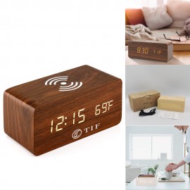 Custom Imprinted 5W Wood Digital Clock w/ Wireless Charger