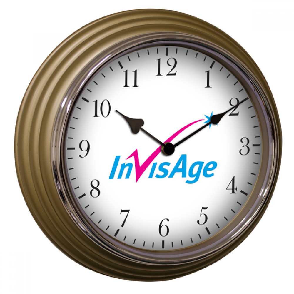 Logo Printed 12" Gold Wall Clock w/ Polished Chrome Bezel Logo Printed 12" Gold Wall Clock w/ Polished Chrome Bezel