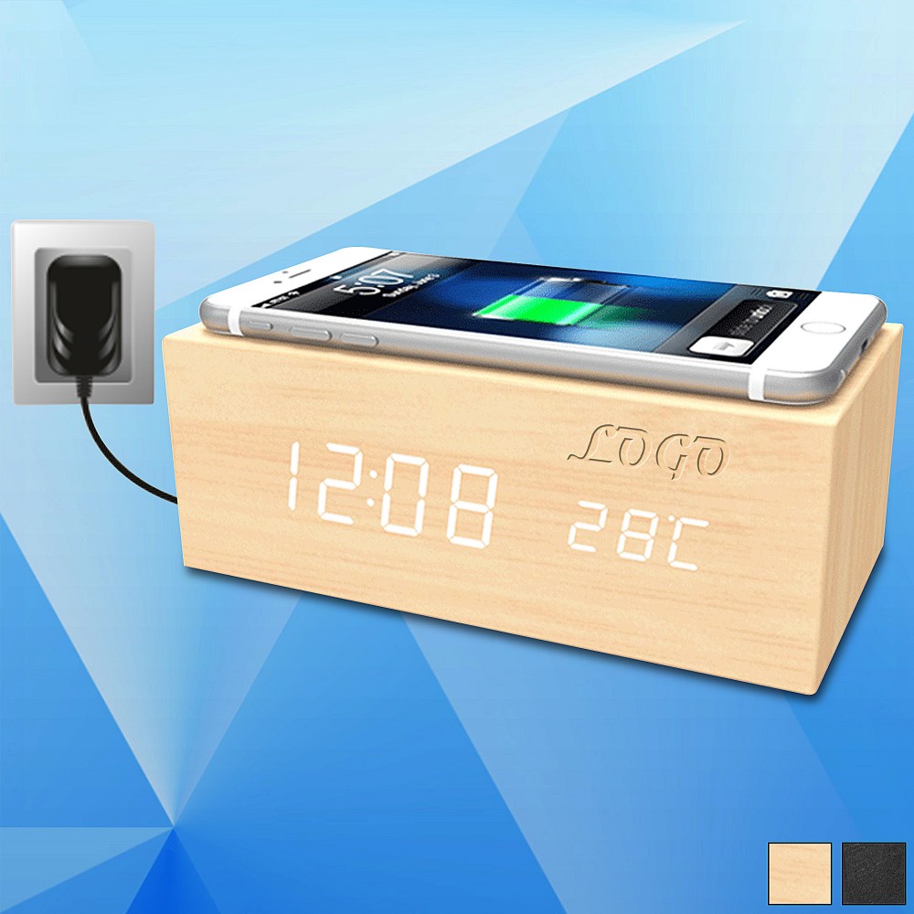 Logo Printed 6 1/2'' Wooden Digital Desk Clock w/ Wireless Charger Logo Printed 6 1/2'' Wooden Digital Desk Clock w/ Wireless Charger