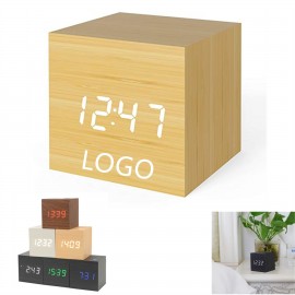 Branded Mini LED Wood Digital Cube Desk Alarm Clock Thermometer