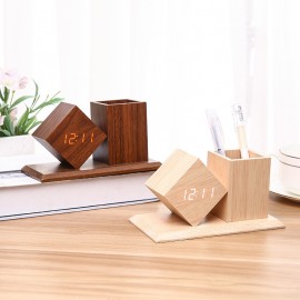Logo Printed Wooden Digital Desk Clock with Pen Holder  Logo Printed Wooden Digital Desk Clock with Pen Holder