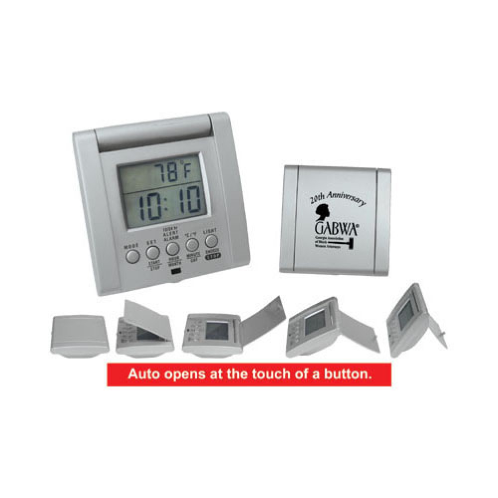 Auto Open Traveler's Thermometer/ Alarm Clock Logo Printed Auto Open Traveler's Thermometer/ Alarm Clock Logo Printed