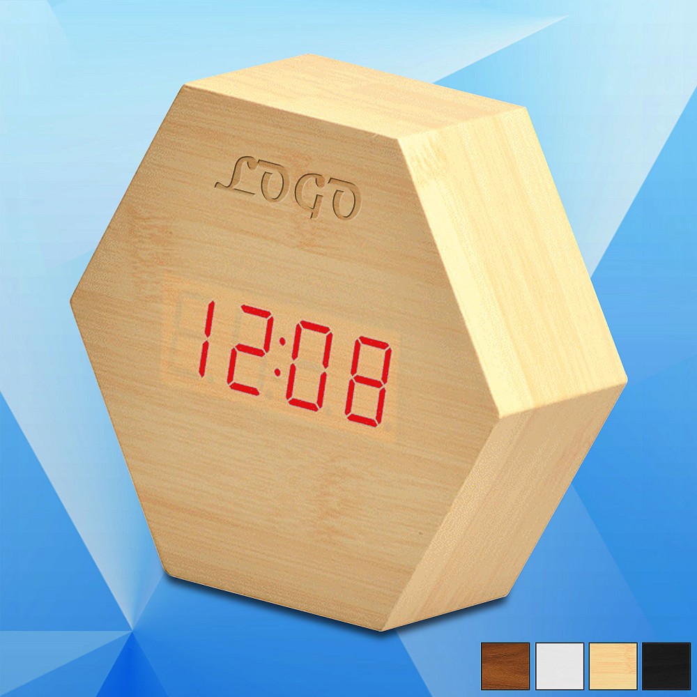 Logo Printed 4'' Wooden Digital Desk Clock w/ Date Display