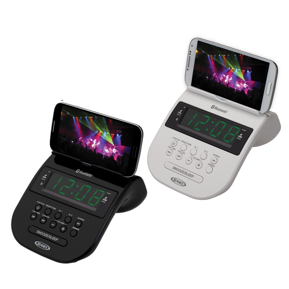 Logo Printed Jensen Bluetooth Clock Radio w/ Cellphone Holder Logo Printed Jensen Bluetooth Clock Radio w/ Cellphone Holder