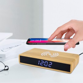 5 W Bamboo Wooden Wireless Charger With Digital Clock Branded
