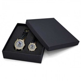 Sleek 2-Tone Dress Watch Set w/Genuine Leather Band & Japanese Quartz Movement Logo Printed