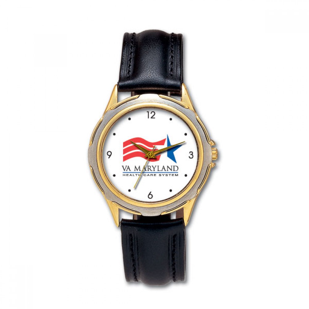 Sleek 2-tone Dress Watch with genuine leather band, Japanese quartz movement. USA assembly. Custom Imprinted
