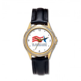 Sleek 2-tone Dress Watch with genuine leather band, Japanese quartz movement. USA assembly. Custom Imprinted  Sleek 2-tone Dress Watch with genuine leather band, Japanese quartz movement. USA assembly. Custom Imprinted