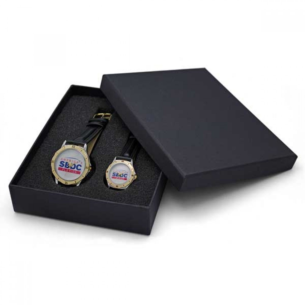 Elegant Design Watch Set w/ Polished 2 Tone Watch Case & Black Bands Branded