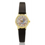 Logo Printed Classic Gold Tone Lady Watch with genuine leather band, Japanese quartz movement. USA assembly.