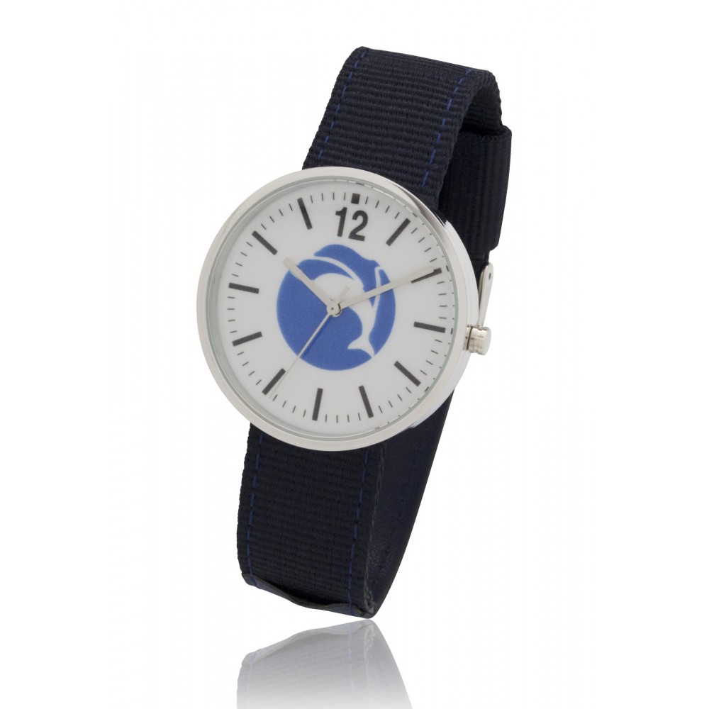1.55 Inches Round Screen Watch with Polished Chrome Case, Navy Blue Nylon & Leather Straps Branded