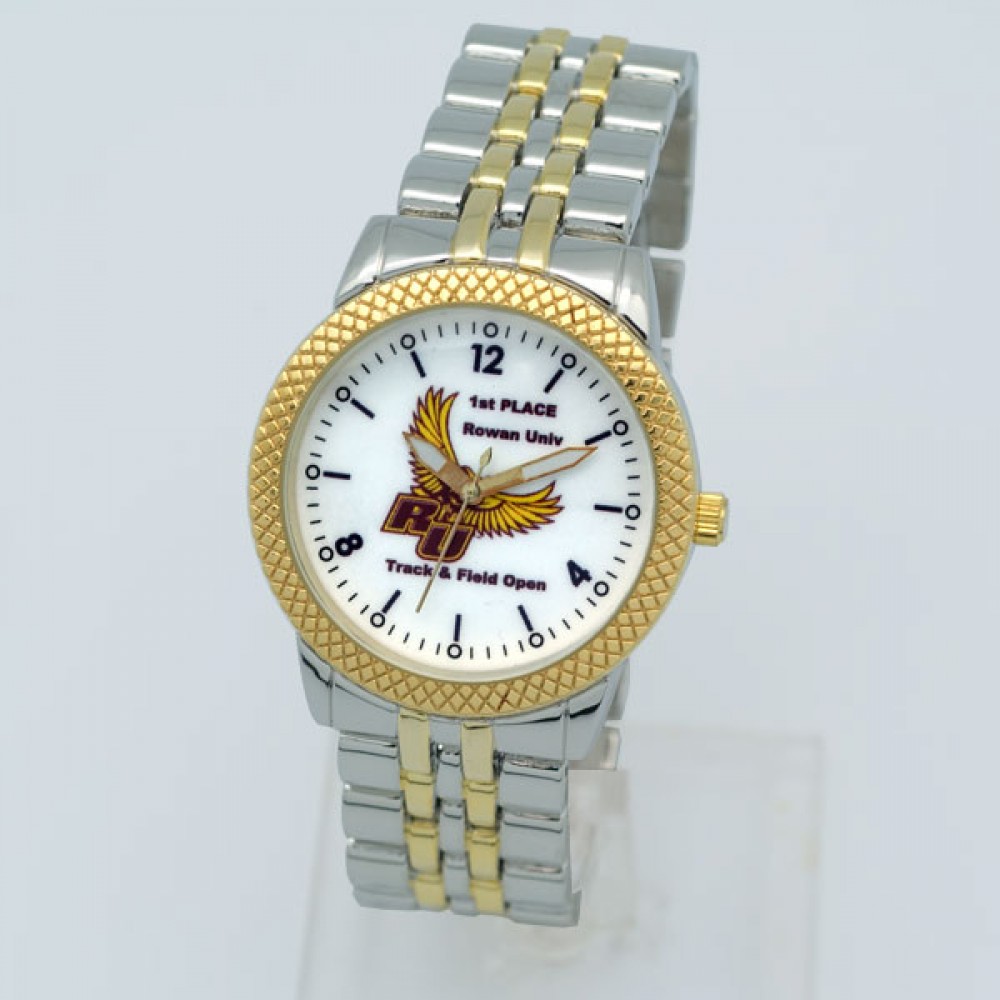 Branded Classic 2-Tone Men's Bracelet Watch w/ Mesh Texture Bezel & Japan Quartz Movement Branded Classic 2-Tone Men's Bracelet Watch w/ Mesh Texture Bezel & Japan Quartz Movement