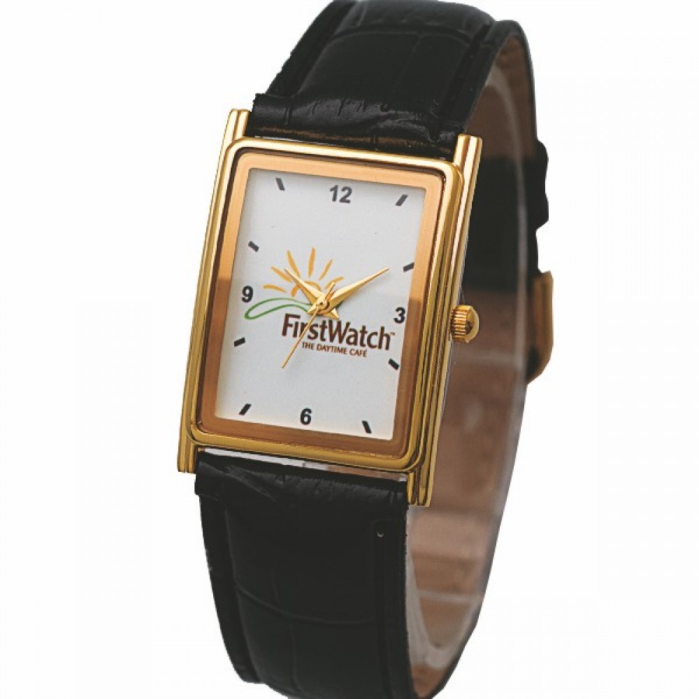 Unisex Watch with polished gold metal case, Japanese quartz movement & designer leatherette bands. Logo Printed