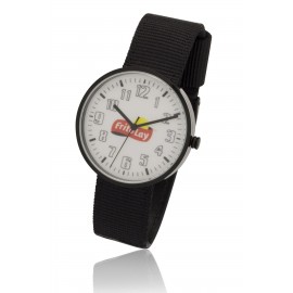 1.55 Inches Round Screen Watch with Polished Black Case, Black Nylon & Leather Straps. Custom Imprinted