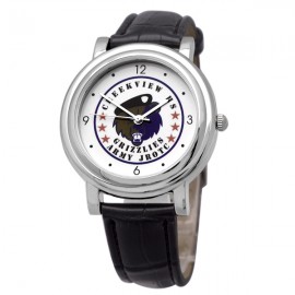 Custom Imprinted Chrome Watch with genuine leather band, Japanese quartz movement. USA assembly.