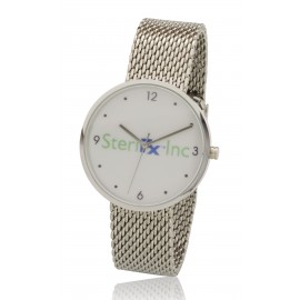 Logo Printed 1.55 Inches Round Screen Watch with Polished Chrome Case, Stainless Steel Mesh Bracelet