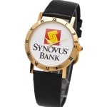 Elite Dress Watch with gold bezel decorated with Roman numerals, genuine leather band,Japan movement Custom Imprinted