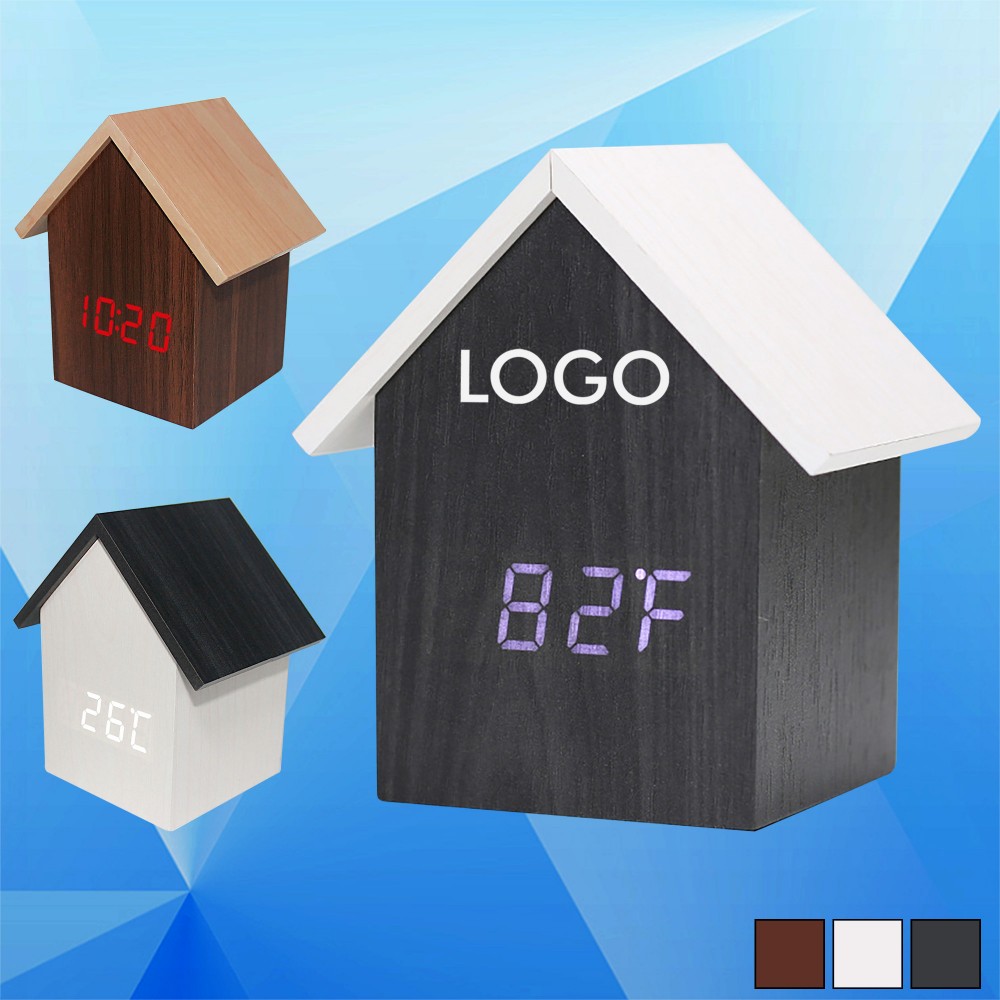 Logo Printed Window House Wood Digital Clock w/ Calendar