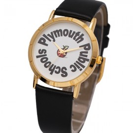 Logo Printed Elegant Dress Watch with gold bezel, genuine leather band, Japanese quartz movement. USA assembly.