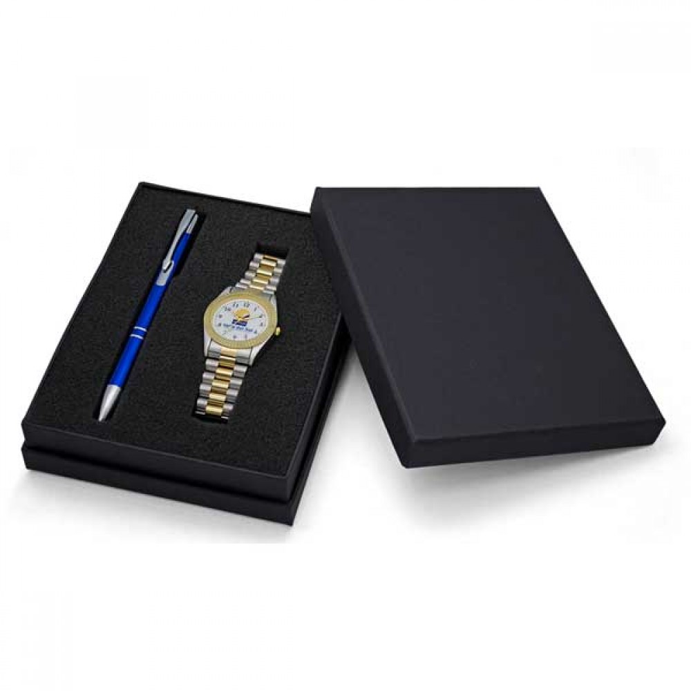 Custom Imprinted Designer 2-Tone Bracelet Watch Set with Polished Aluminum Pen