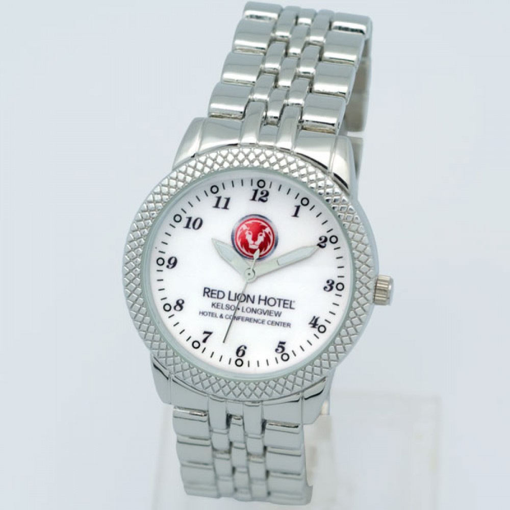 Custom Imprinted Classic Men's Bracelet Watch w/ Mesh Texture Bezel & Secure Clasp