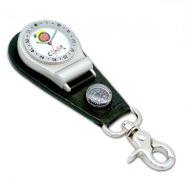 Custom Imprinted Unisex Clip-On Watch with matt finish chrome case, black leather badge with mini compass
