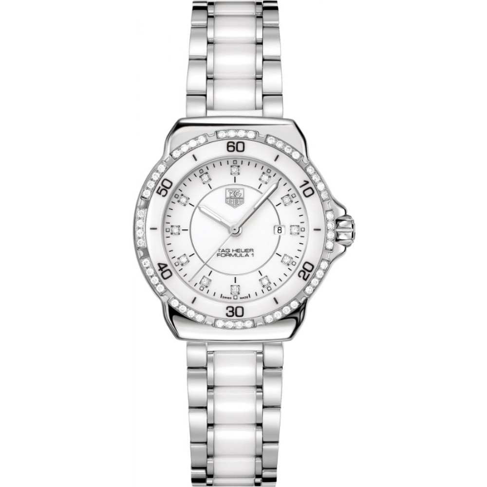Women's Tag Heuer Formula 1 White Ceramic Watch (Diamond Bezel) Custom Imprinted Women's Tag Heuer Formula 1 White Ceramic Watch (Diamond Bezel) Custom Imprinted