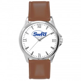 Logo Printed Pedre Men's Clarity Silver-Tone Watch with Brown Strap