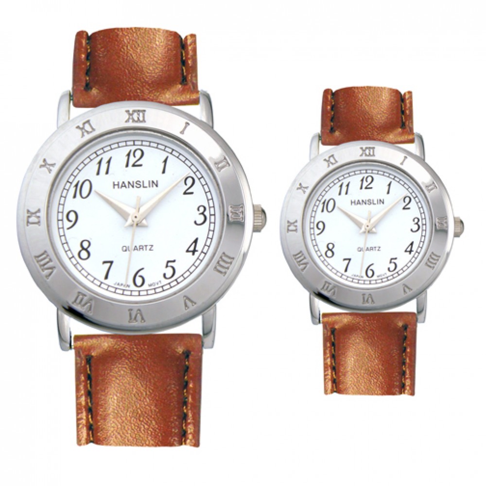 Logo Printed Leather Band Watch with Roman Numeral Case / Bezel Logo Printed Leather Band Watch with Roman Numeral Case / Bezel