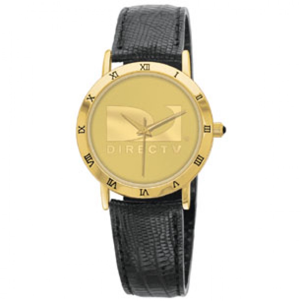 Men's Mirrorcraft Dial Watch With Black Leather Strap Custom Imprinted