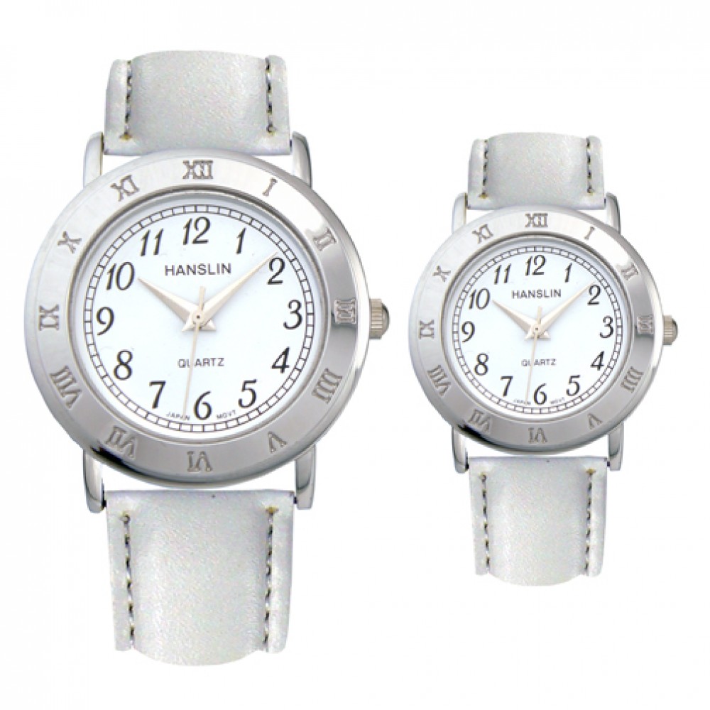 Logo Printed Leather Band Watch with Roman Numeral Case / Bezel Logo Printed Leather Band Watch with Roman Numeral Case / Bezel