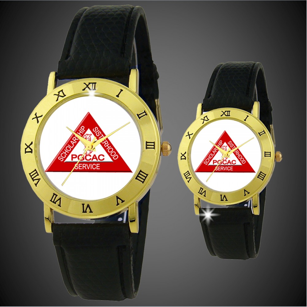 Custom Imprinted Mother of Pearl Face w/ Black Leather Strap Watch Custom Imprinted Mother of Pearl Face w/ Black Leather Strap Watch