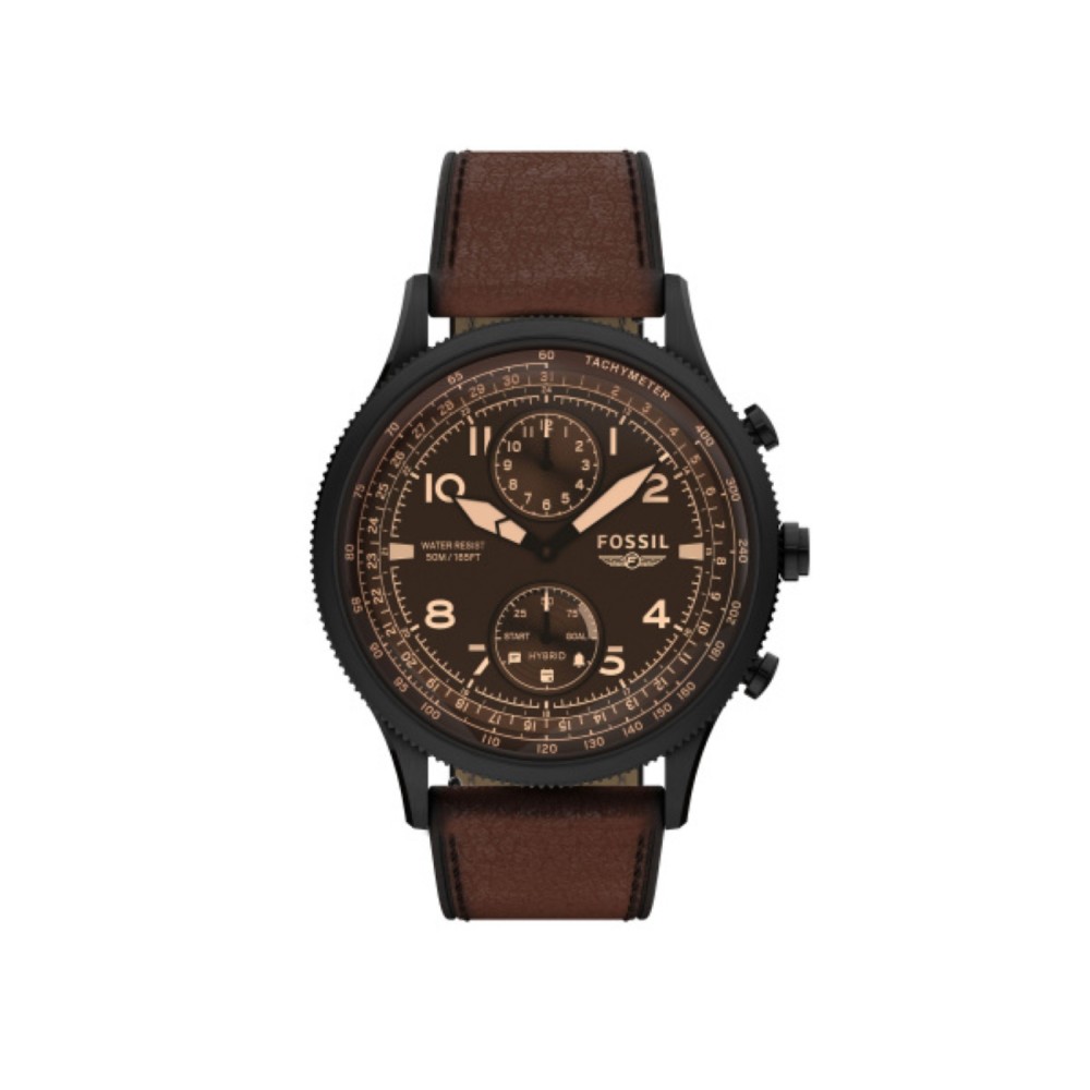 Logo Printed Fossil Hybrid Smartwatch Retro Pilot Dual-Time Brown Leather