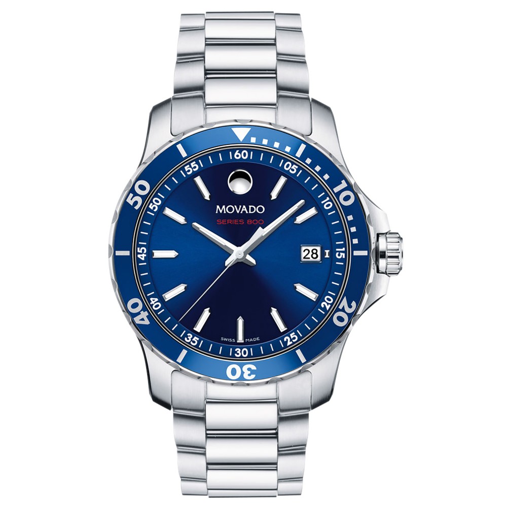 Logo Printed Movado Series 800 Men's Stainless Steel Bracelet Sport Watch W/ Blue Dial from Pedre Logo Printed Movado Series 800 Men's Stainless Steel Bracelet Sport Watch W/ Blue Dial from Pedre