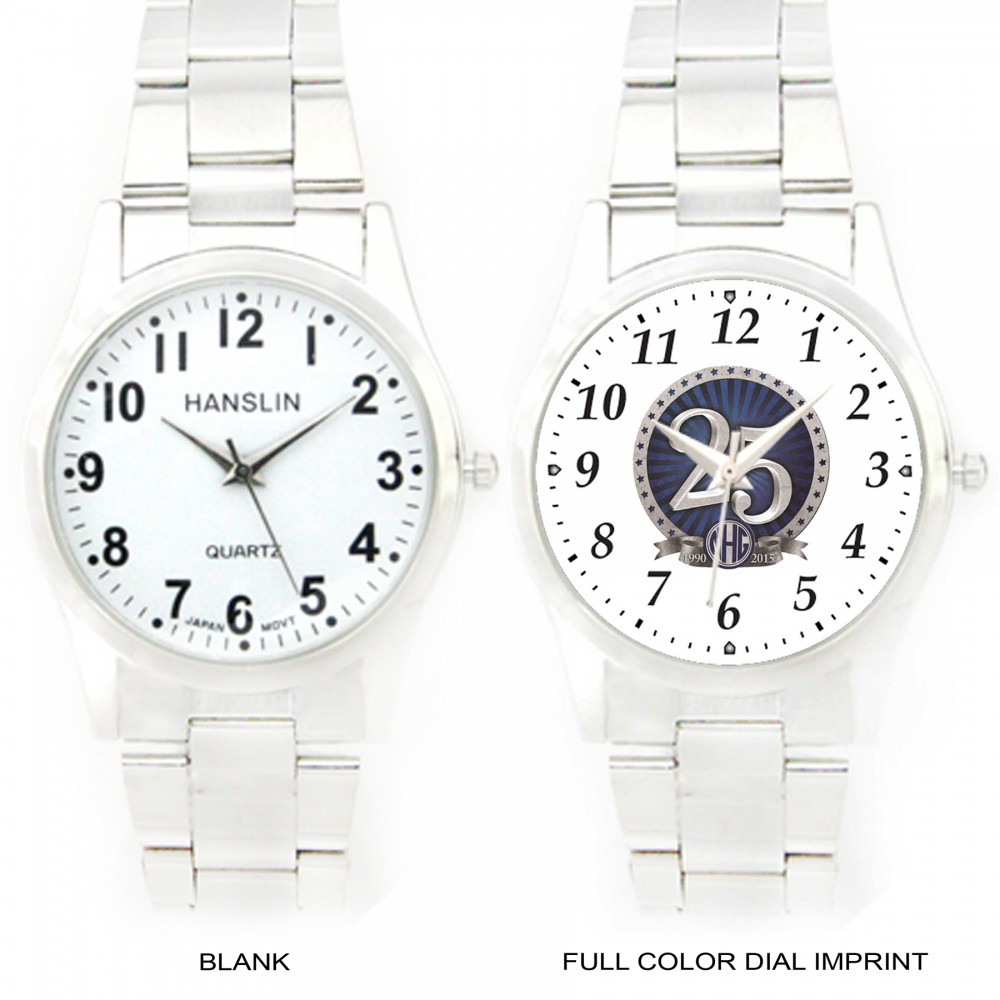 His Metal Band Watch with Easy Read Face Logo Printed His Metal Band Watch with Easy Read Face Logo Printed