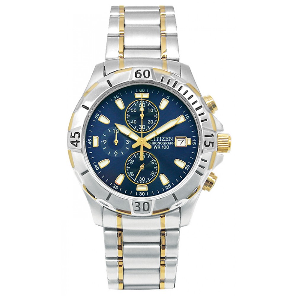 Citizen Men's Two-Tone Chronograph Bracelet Watch W/ Blue Dial from Pedre Branded Citizen Men's Two-Tone Chronograph Bracelet Watch W/ Blue Dial from Pedre Branded