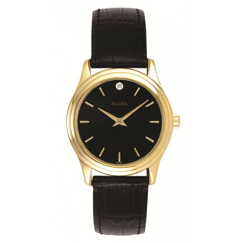 Bulova Ladies' Corporate Collection Black Leather Strap, Black Diamond Dial Custom Imprinted