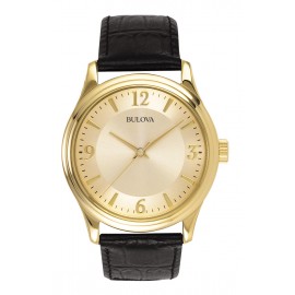 Bulova Men's Corporate Collection Black Leather Strap Watch, Gold-tone Dial Logo Printed