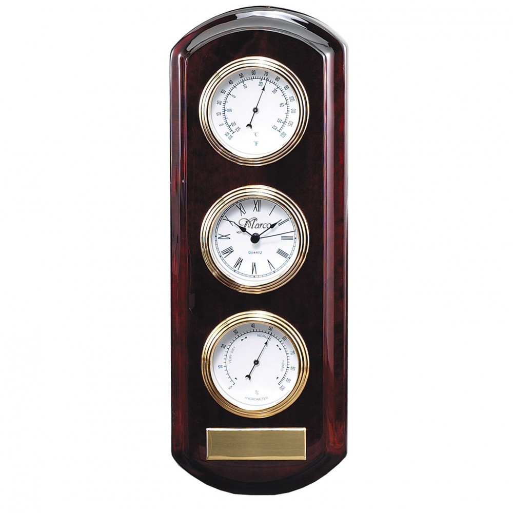 Custom Imprinted 3 in 1 Rosewood Wall Clock, Thermometer and Hygrometer