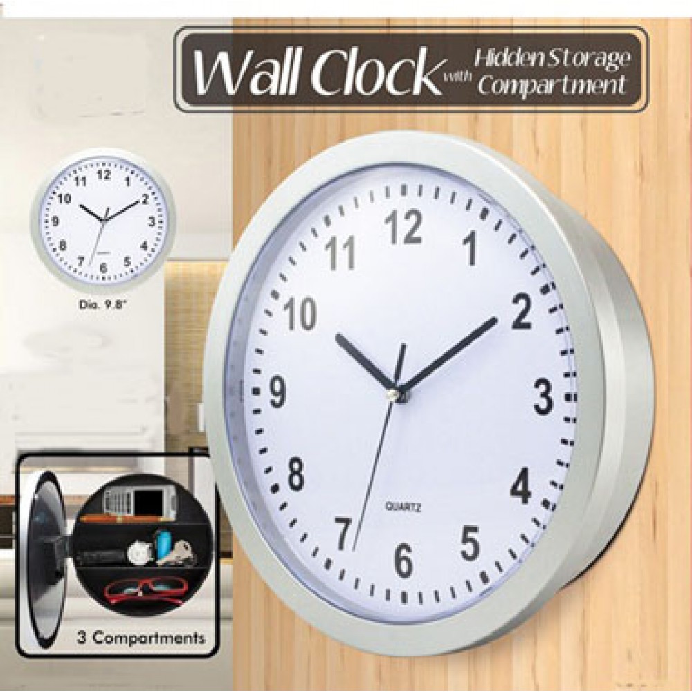 Wall Clock w/ 3 Hidden Storage Compartments Branded