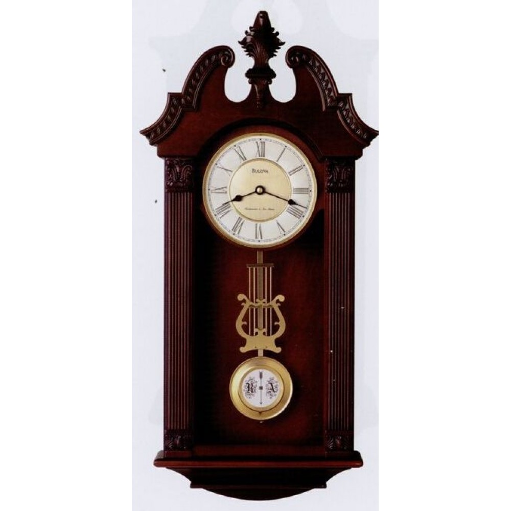 Logo Printed Bulova Ridgedale Walnut Pendulum Wall Clock w/ Dual Chime Movement Logo Printed Bulova Ridgedale Walnut Pendulum Wall Clock w/ Dual Chime Movement