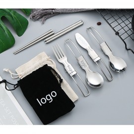 5Pcs Folding Camping Set Protable Stainless Steel Flatware include Spoon Fork Knife for Picnic with Logo