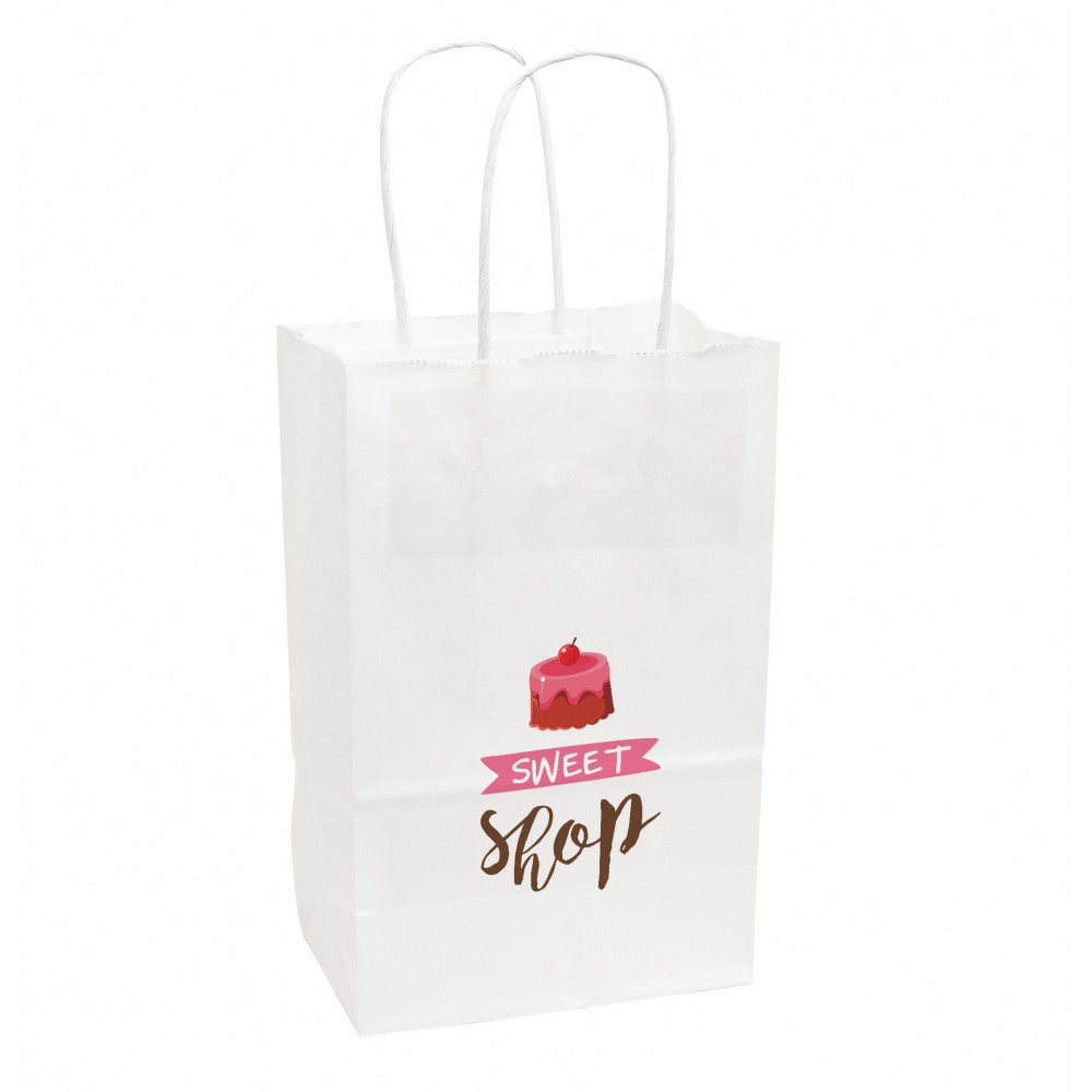 Custom Printed 5.5"W x 8.375"H x 3.25"D White Paper Handled Shopper Custom Printed 5.5"W x 8.375"H x 3.25"D White Paper Handled Shopper