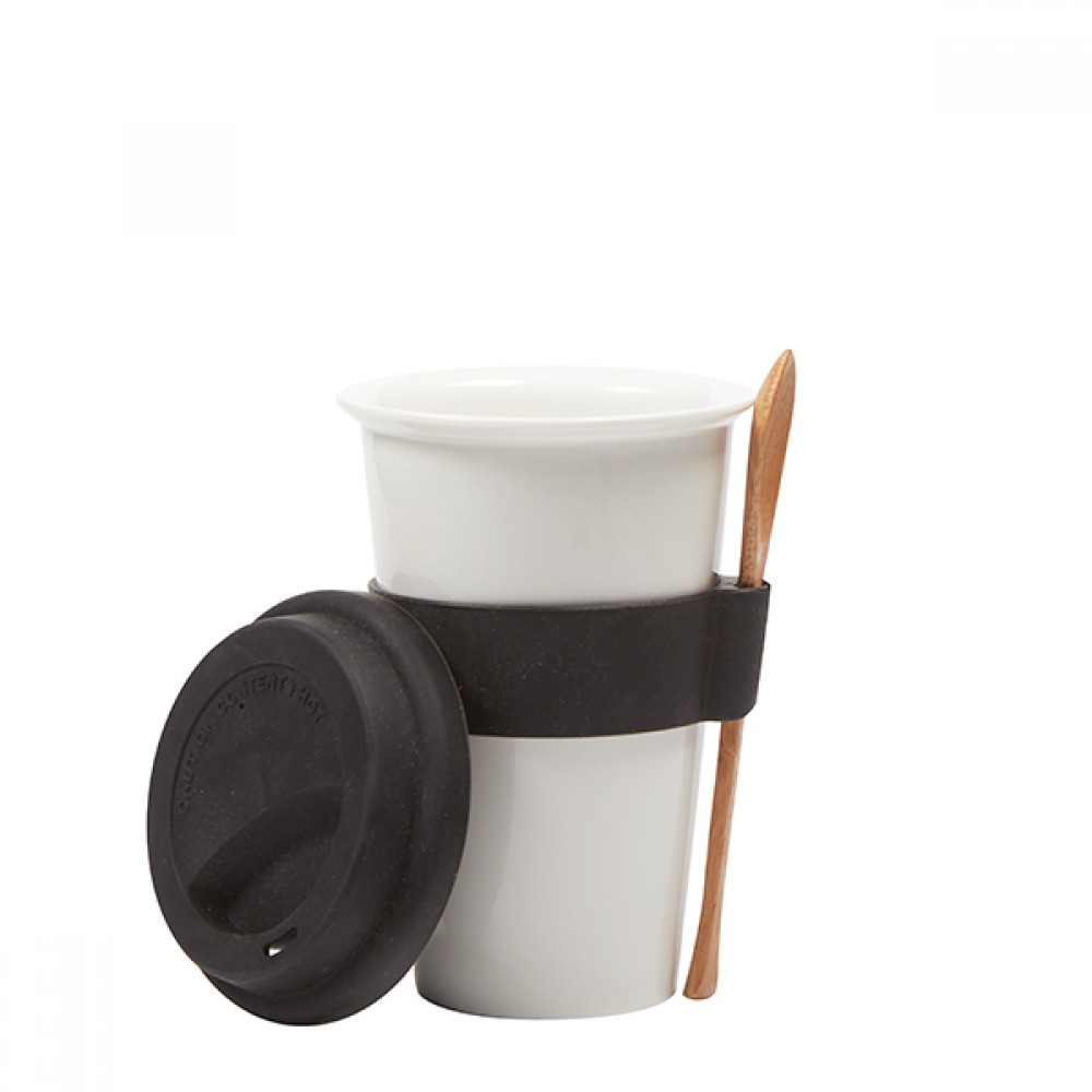 Ceramic Cup with Silicone Lid, Band, & Bamboo Spoon with Logo