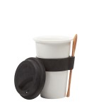 Ceramic Cup with Silicone Lid, Band, & Bamboo Spoon with Logo