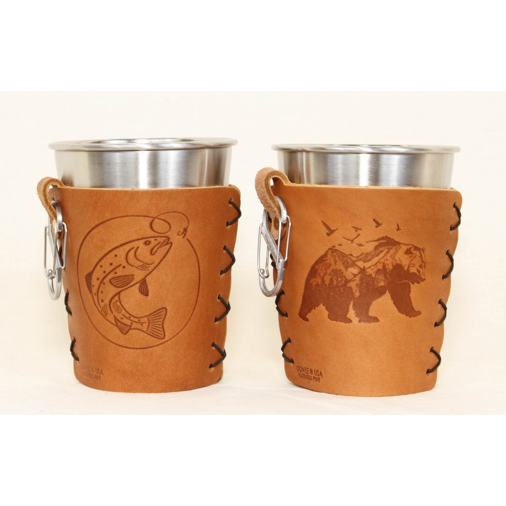 Logo Printed Genuine Leather Sleeve for Stainless Pint Tumbler with Loop and Stainless S-Biner (Cup Included)
