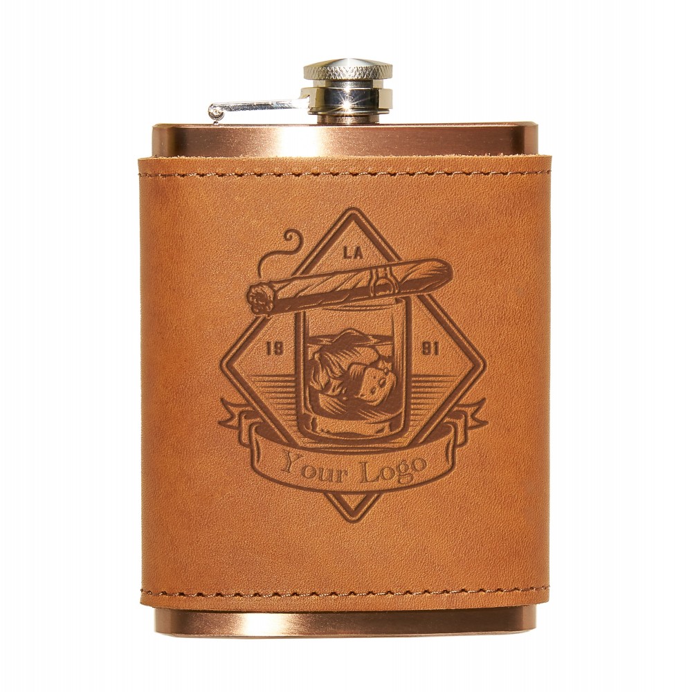 Custom 8 Oz. Copper Coated Stainless Flask w/Leather Wrap