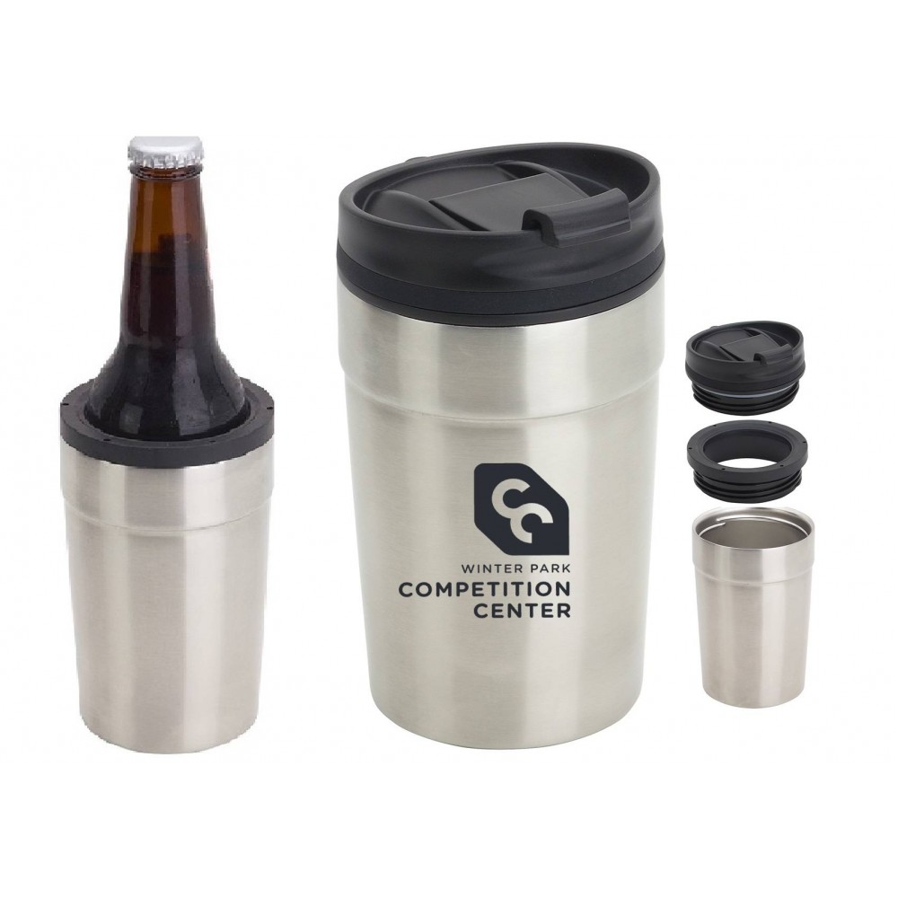 USA Printed 2-In-1 12 Oz Stainless Steel Mug And Bottle Holder Coolie with Lid Custom Imprinted USA Printed 2-In-1 12 Oz Stainless Steel Mug And Bottle Holder Coolie with Lid Custom Imprinted